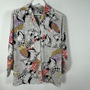 Jac Dale Women's Geometric Print Long Sleeve Collared Blouse White/Black 8